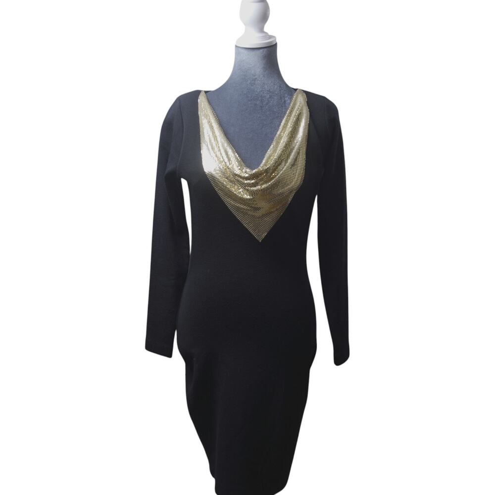 Andrea Jovine XS Black Wool Dress Gold Tone Metal Mesh Cowl Neck Long Sleeve